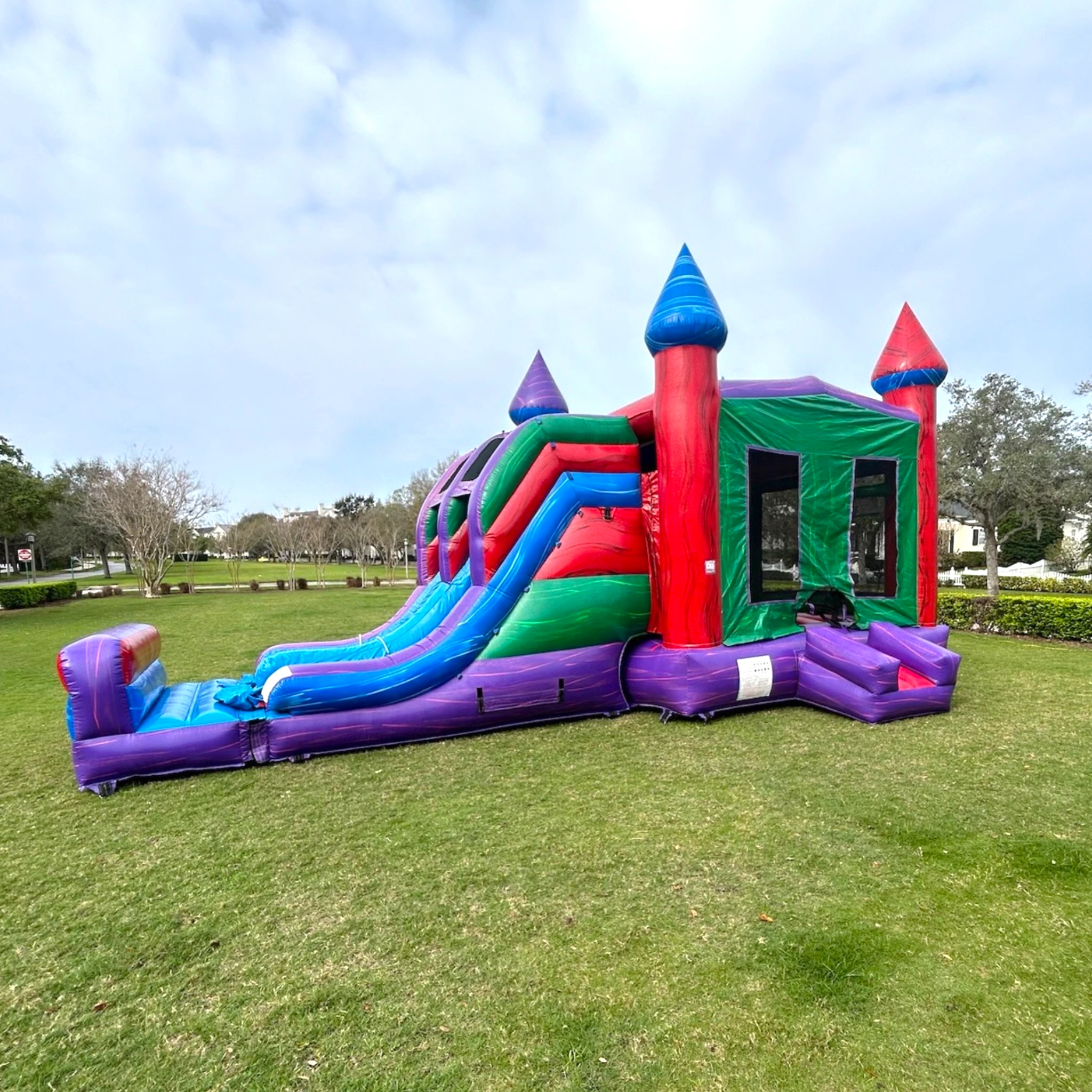 7-in-1 Marble Bounce House with Double Lane Slide Combo (Wet/Dry)